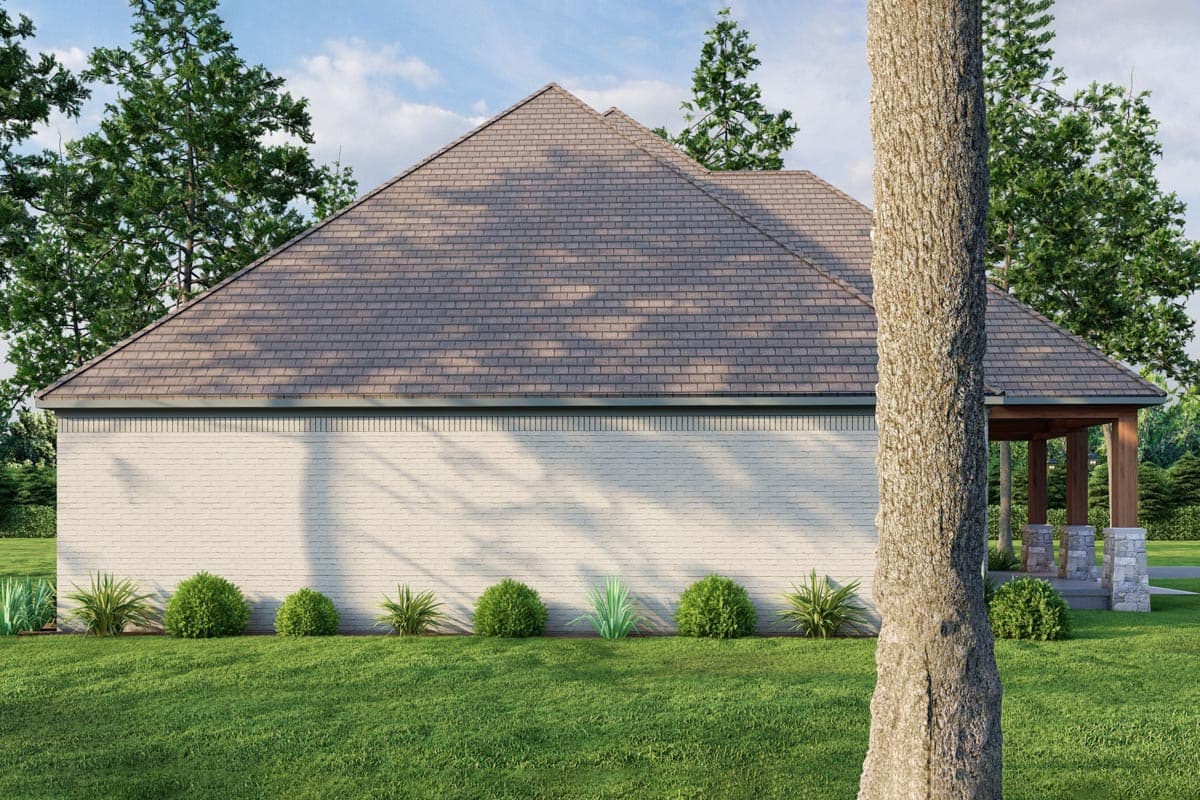 House plan exterior: single-story, white brick, hipped roof, covered porch with stone columns.