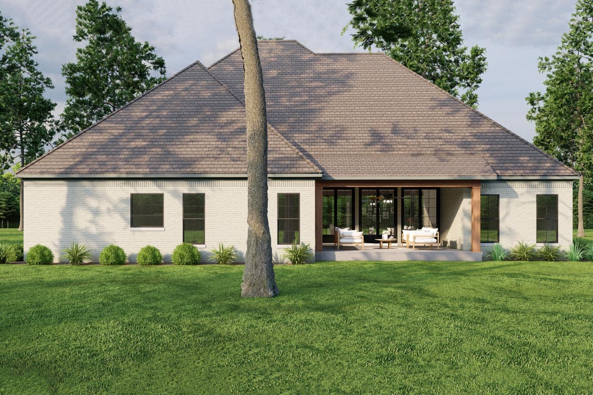House plan exterior, white brick, single-story, gabled roof, covered patio with large glass doors, and multiple windows.