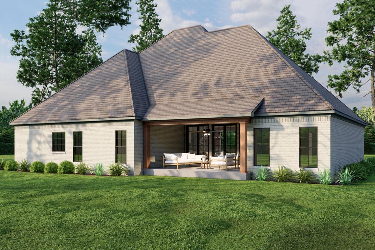 House plan exterior, single-story, white brick, covered rear porch with wood beams, French doors.