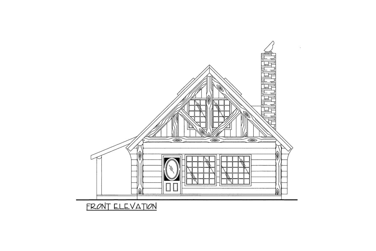 Front elevation house plan featuring log construction, a steeply pitched gable roof with exposed rafter tails, large windows, and a stone chimney.