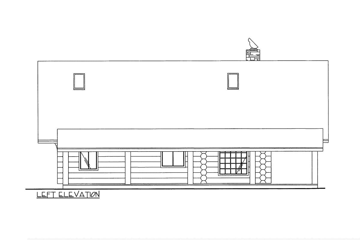 Left elevation house plan drawing showing a log cabin exterior with a covered porch, dormer windows, and a brick chimney.