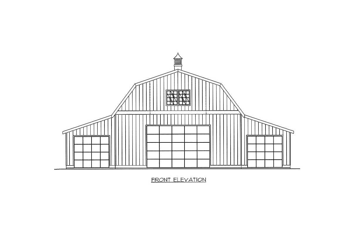Front elevation drawing of a barn-style house plan with gambrel roof, cupola, large center garage door, and two side garage doors.
