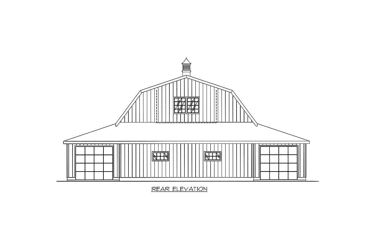 Rear elevation drawing of a barn-style house plan with gambrel roof, two garage doors, and cupola.