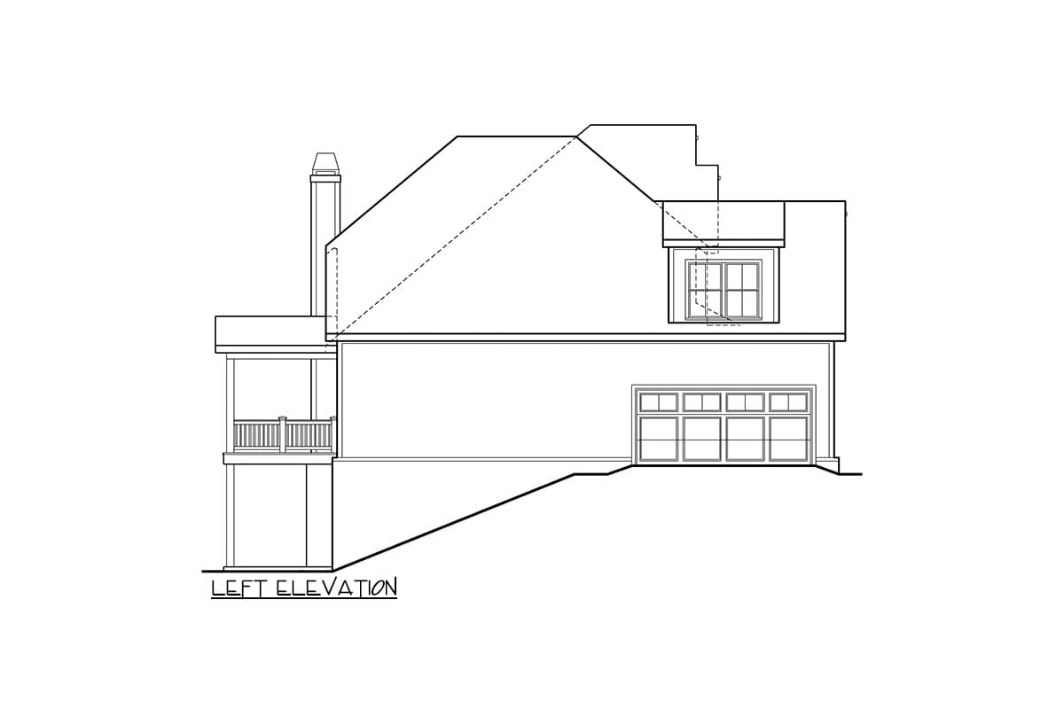 Left elevation drawing of a house plan showing a covered porch, dormer window, chimney, and multi-car garage.