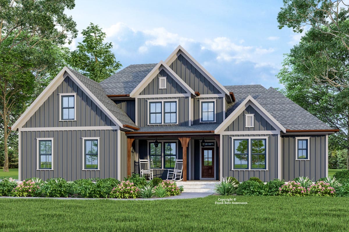 House plan exterior. Two-story Modern Farmhouse with gabled roof, prominent front porch with exposed beams, and board-and-batten siding.
