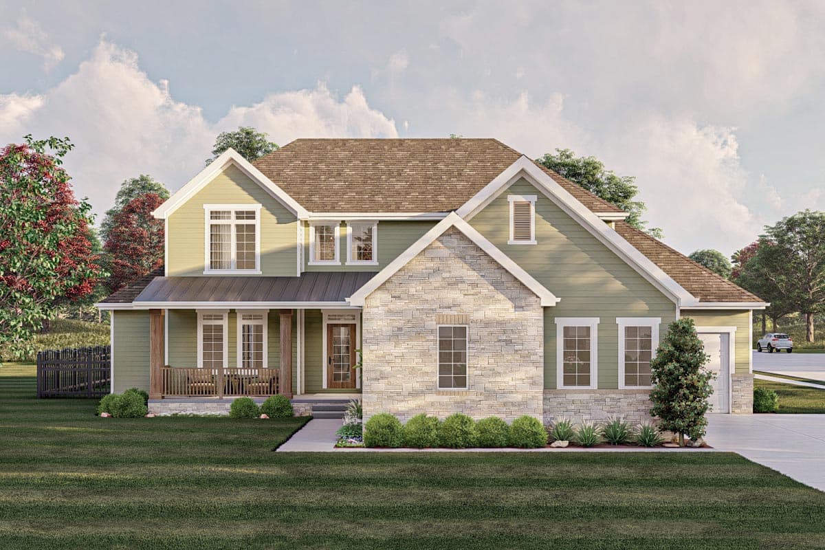 House plan exterior: Two-story Modern Farmhouse with stone facade, covered porch, gables, and side-entry garage.