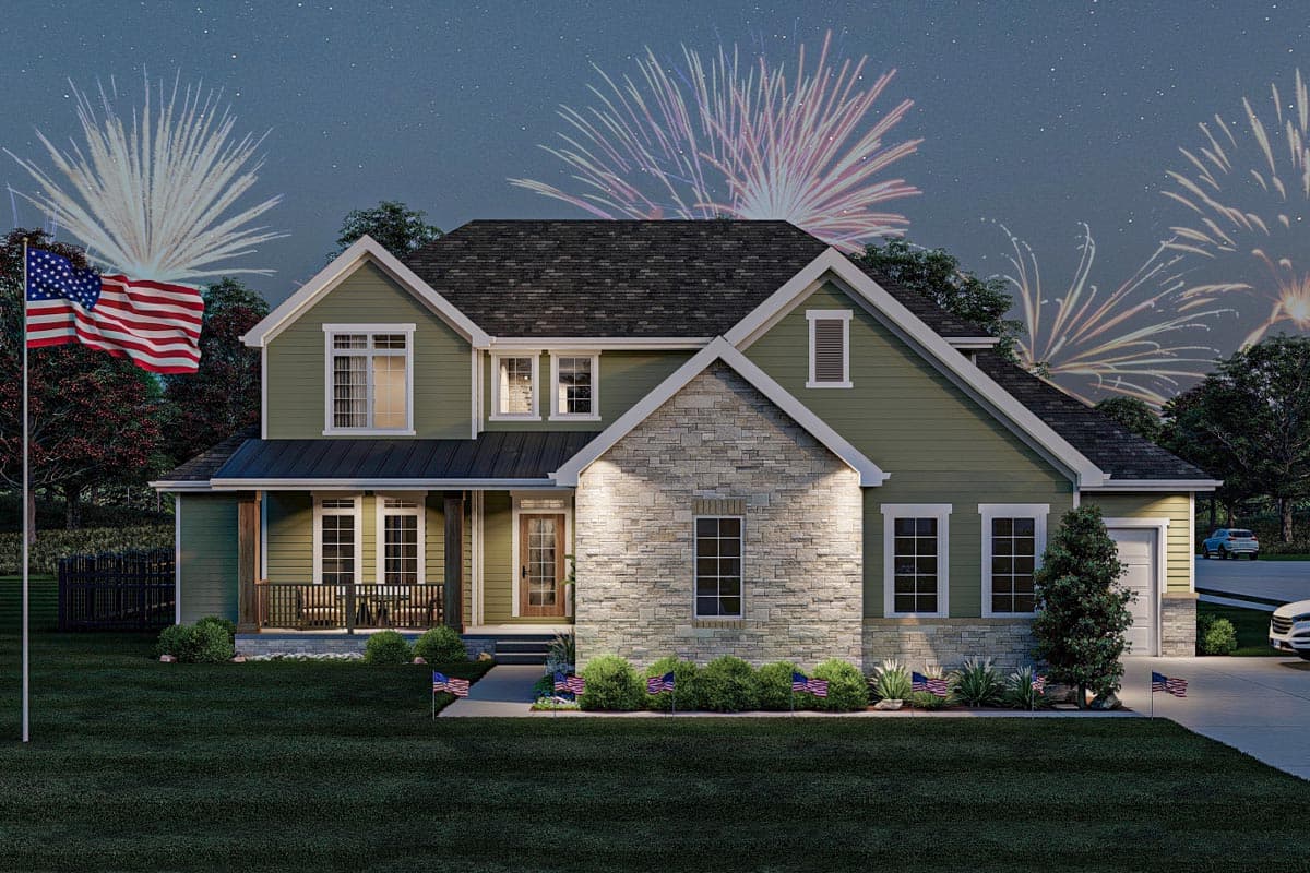 House plan exterior: two-story home with stone facade, gabled roof, front porch, and attached garage.