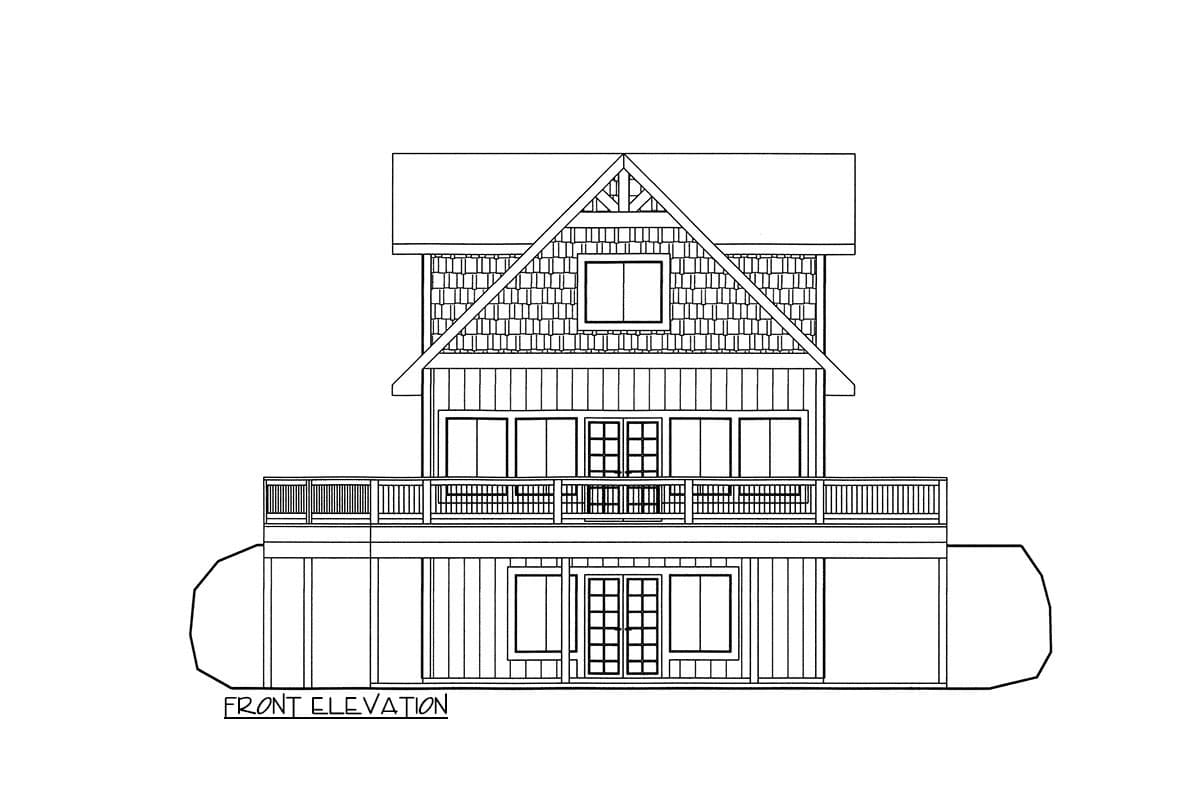 Front elevation drawing of a two-story house plan with a prominent gable, shingle siding, and a wraparound deck.