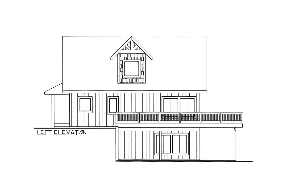 Left elevation house plan drawing showing a two-story structure with a dormer, gabled roof, and a wrap-around deck.