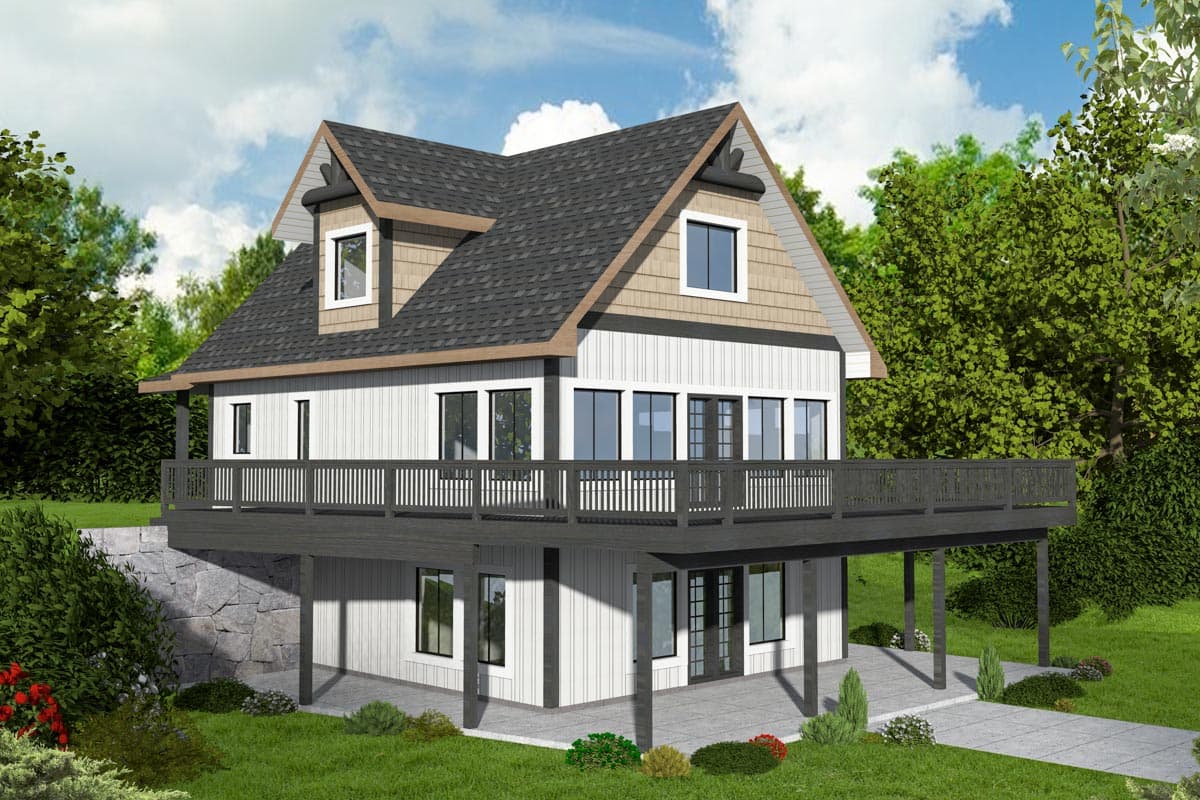 House plan exterior with two stories. Features include a gable roof, dormers, and a wraparound deck.