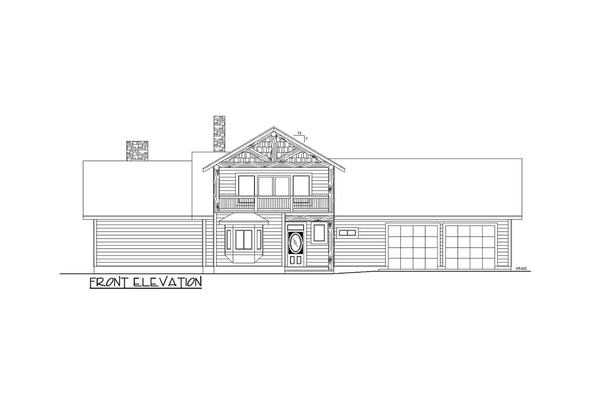 Front elevation drawing of a two-story house with a prominent gable, covered balcony, bay window, and a three-car garage.
