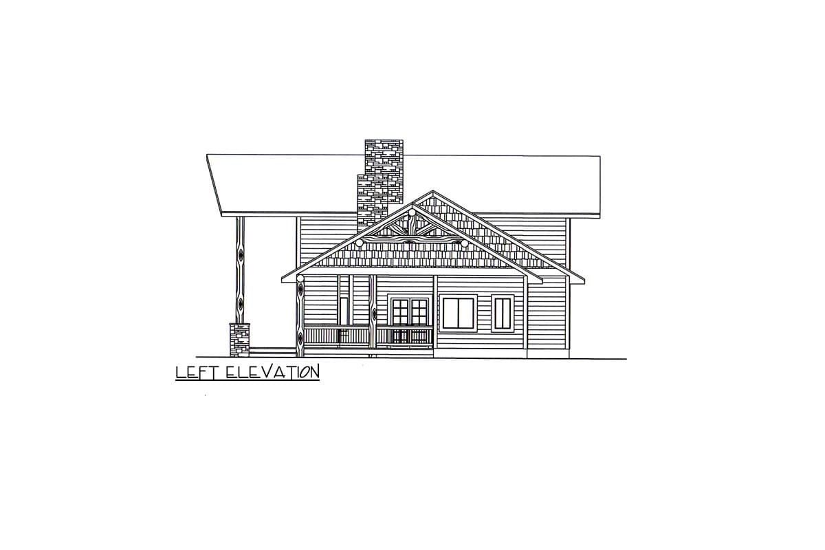 Left elevation house plan with covered porch, stone chimney, gabled roof, and decorative truss detail.