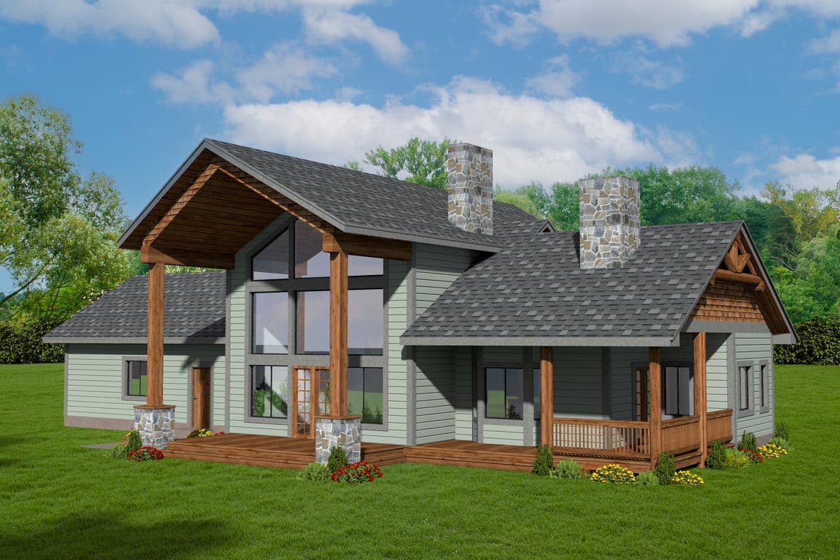 House plan exterior with Craftsman style. Features include a covered porch, gable rooflines, and stone chimneys. Two-story house.