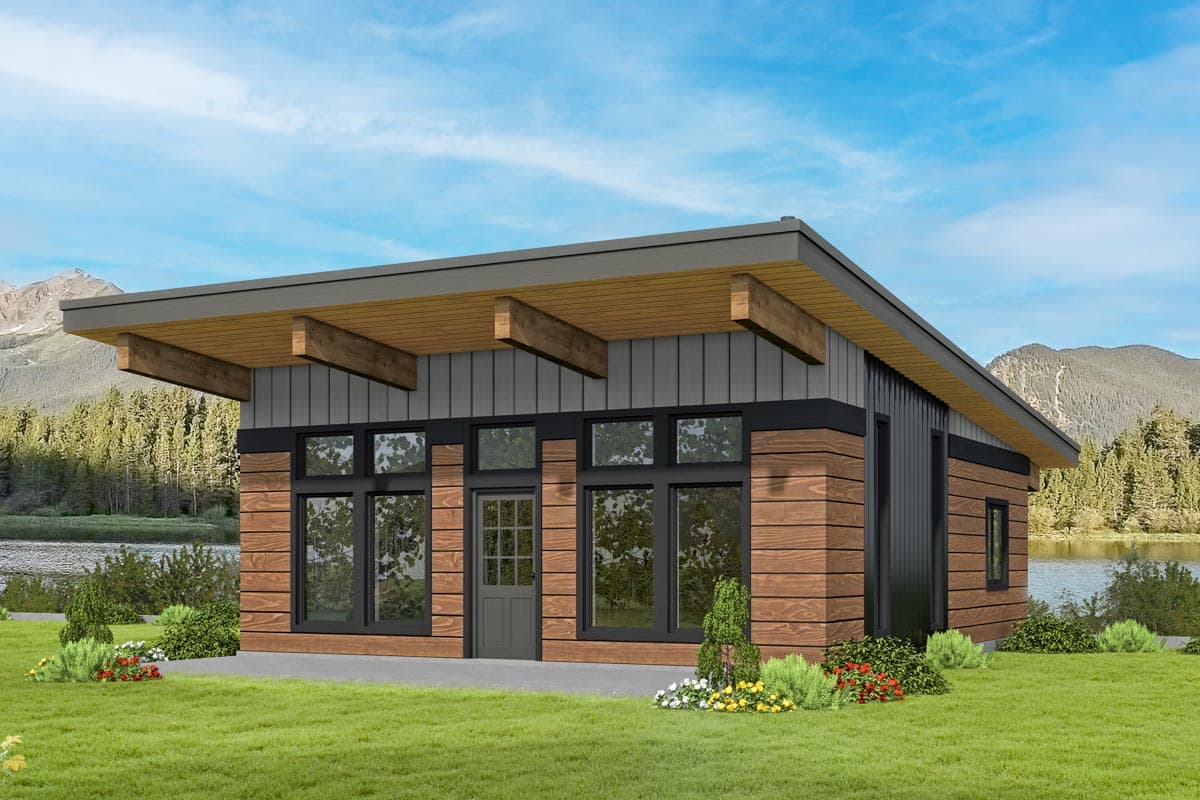 House plan exterior with a single-story design. Features include a flat roof with exposed beams, wood siding, and large windows with black trim.