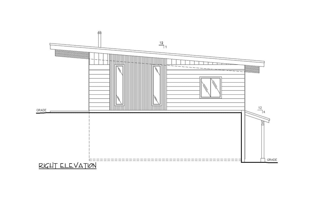 Right elevation floor plan showing a sloped roofline, vertical siding, two tall narrow windows, one square window, and a small porch.