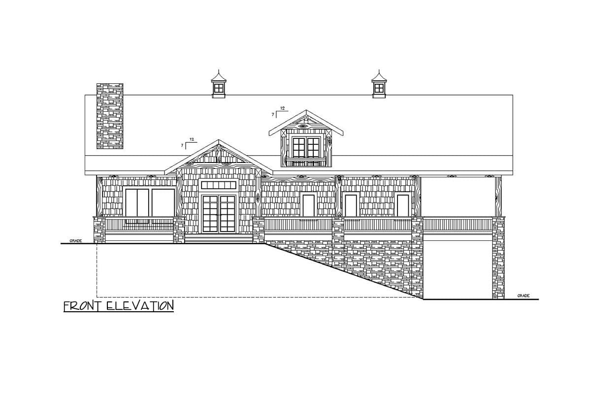 Front elevation house plan with full-width porch, stone foundation, gables, dormers, and a prominent stone chimney.