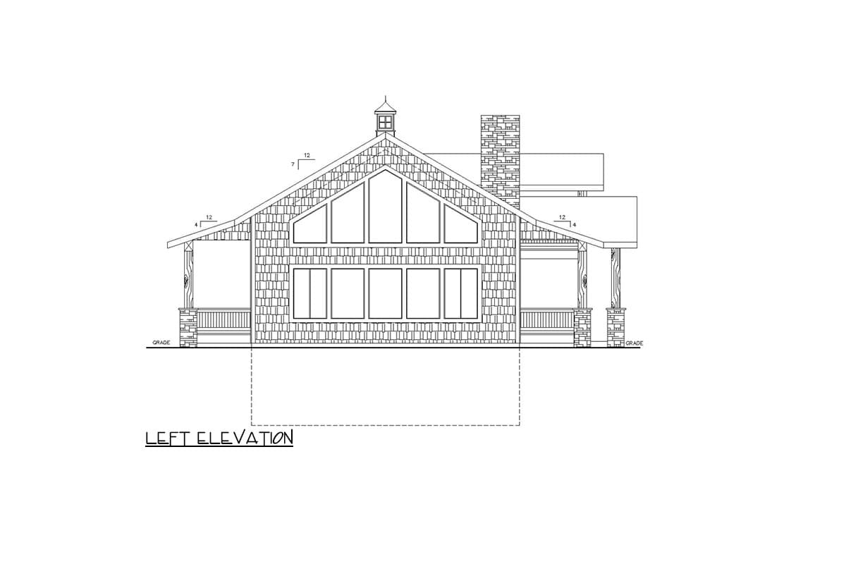 Left elevation house plan shows a house with a large gable window, prominent chimney, and covered porches.