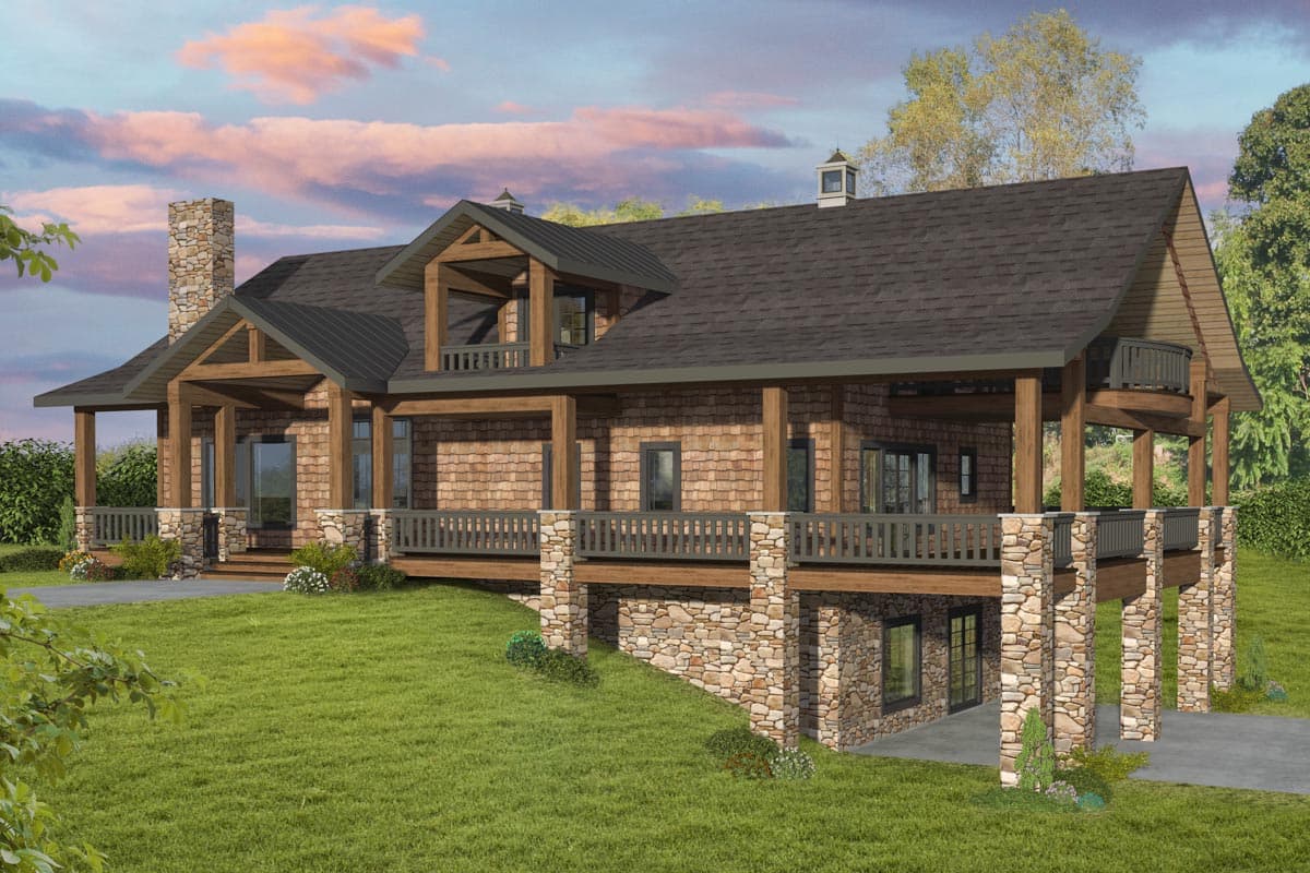 House plan exterior. Craftsman style with two stories, gabled roof, stone chimney, and covered porch with exposed beams and decorative railings.