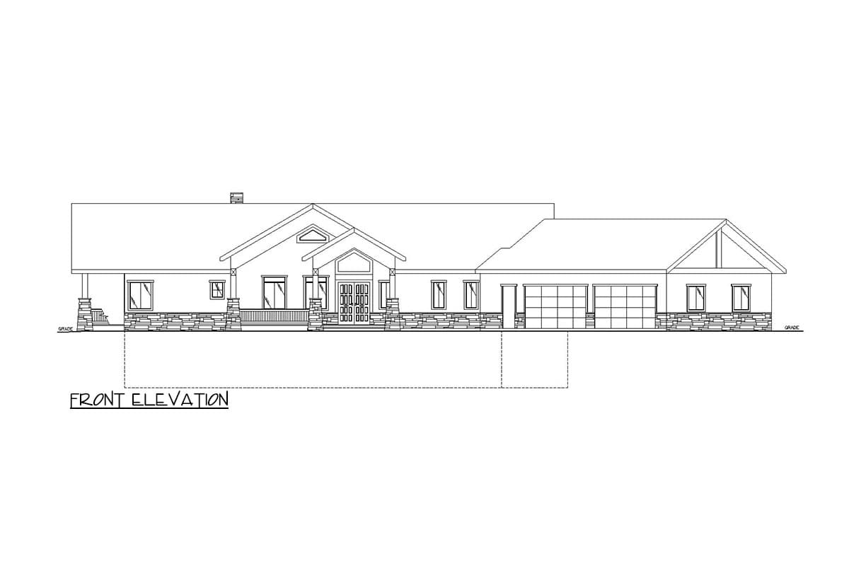 Front elevation house plan showing a single-story home with a covered front porch, stone accents, and a three-car garage.