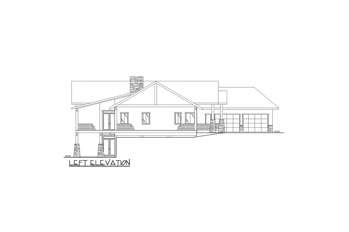 Left elevation house plan showing a sloped roofline, gabled dormer, stone chimney, covered porch, and attached garage.