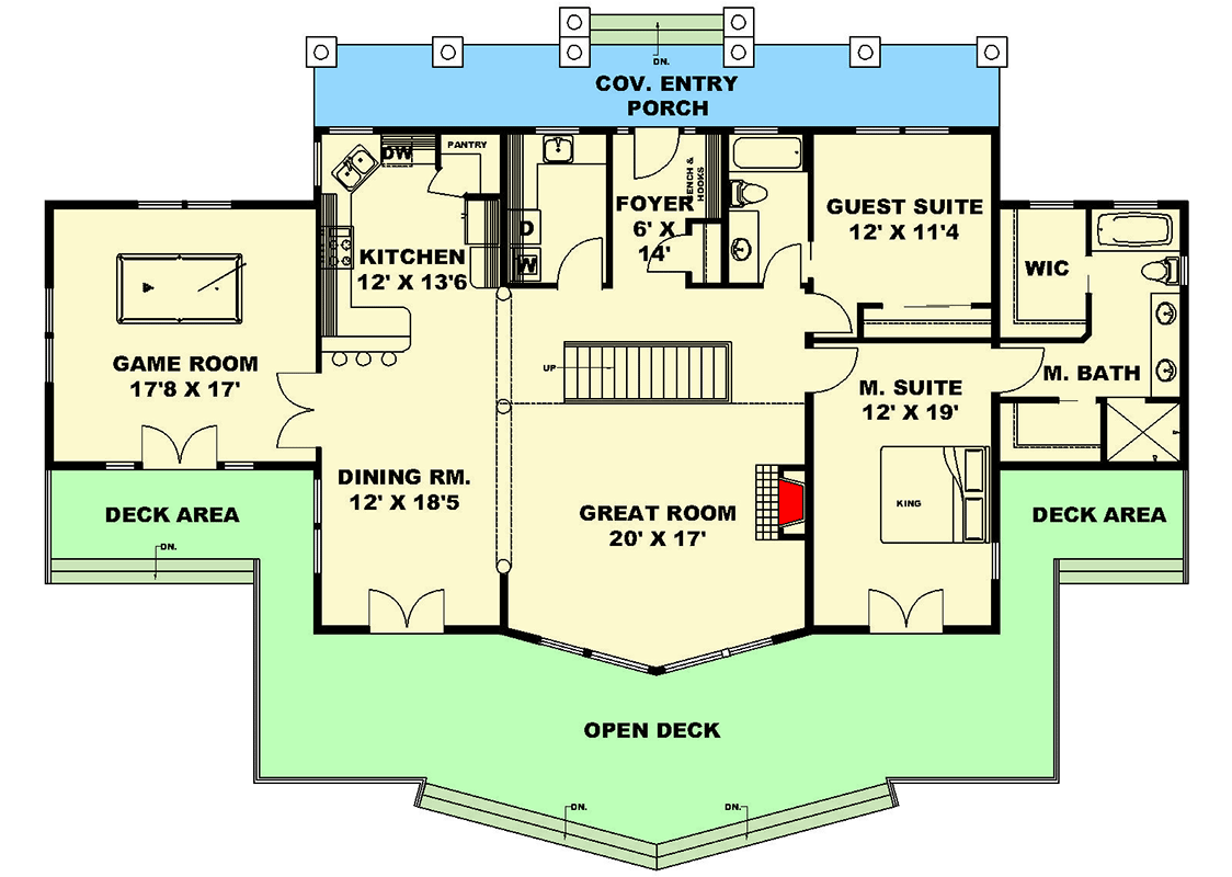 Plan 350031GH: 3400 Square Foot 6-Bed House Plan with Game Room and Amazing Rear Views - Floor Plan - Main Level - Country, Mountain, Rustic, Traditional