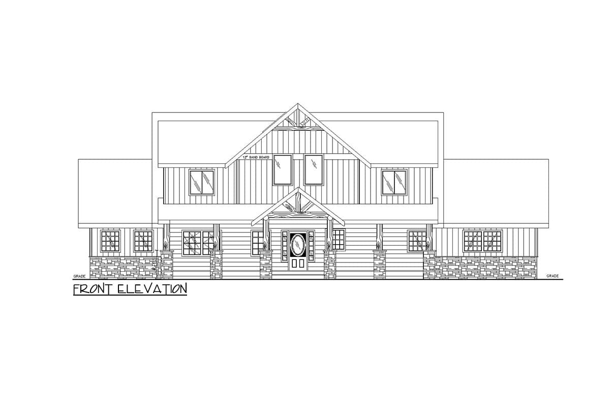 Front elevation drawing of a two-story house plan with a prominent gable, covered porch, and stone foundation.