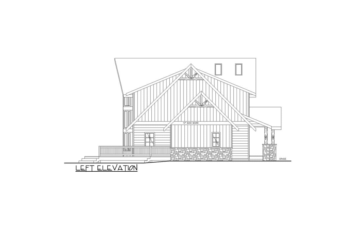 Left elevation house plan showing two stories, a wraparound porch, exposed rafter tails, and stone base.