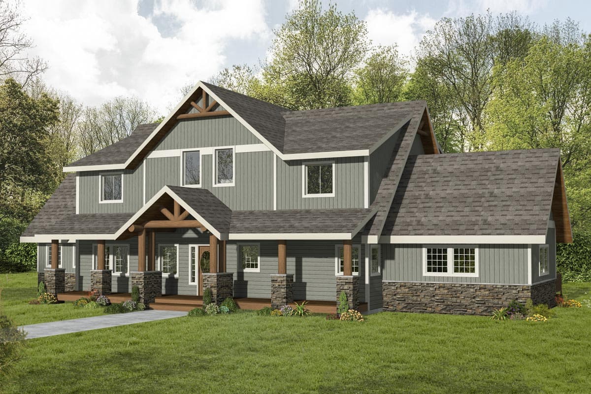 House plan exterior. Two-story Craftsman home with a gabled roofline, front porch, and stone-clad foundation. Features exposed timber accents.