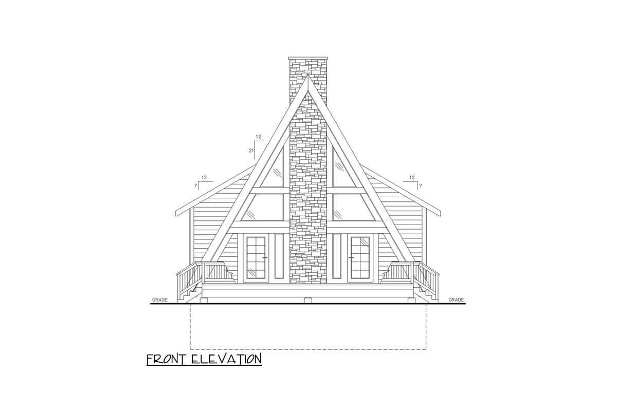 Front elevation drawing of a two-story A-frame house plan with a prominent stone chimney and double doors.