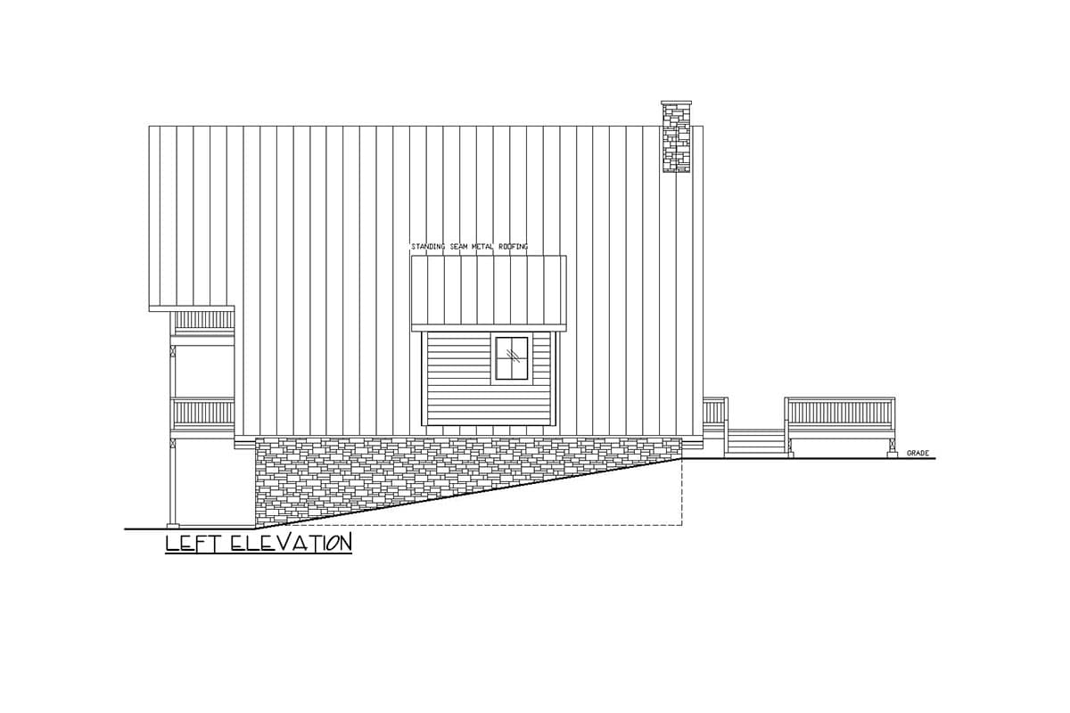 Left elevation drawing of house with standing seam metal roof, stone foundation, covered porch, and chimney.