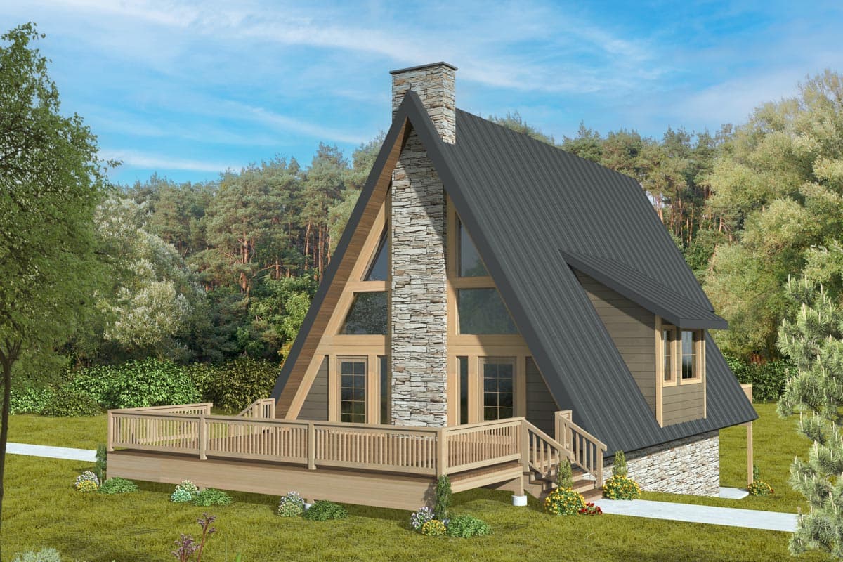 House plan exterior. A-frame design with a stone chimney, angled metal roof, and large windows. Includes a wooden deck with railings.