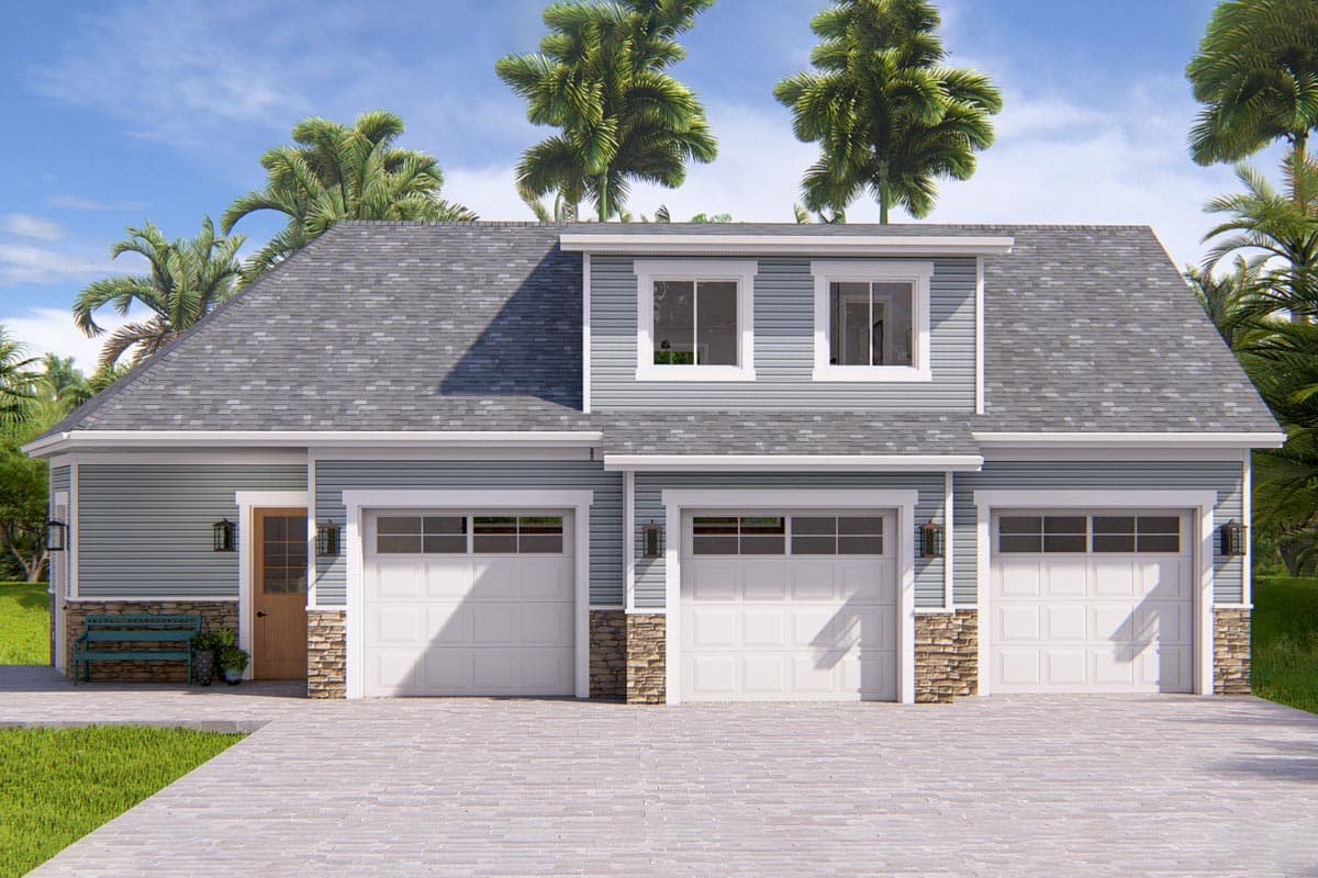 House plan exterior with three-car garage, two-story structure, gabled roof, and light blue siding with stone accents.