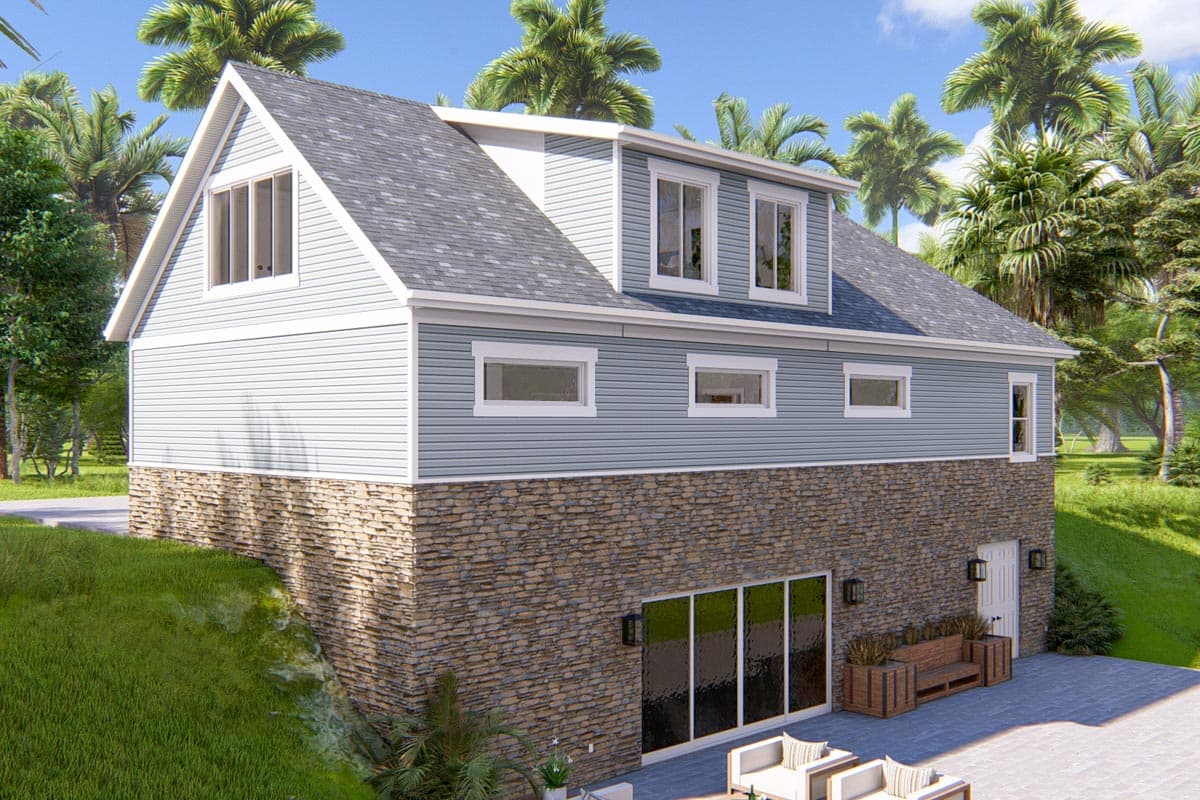 House plan exterior: Two-story home with stone foundation, light blue siding, dormer windows, and a gable end.