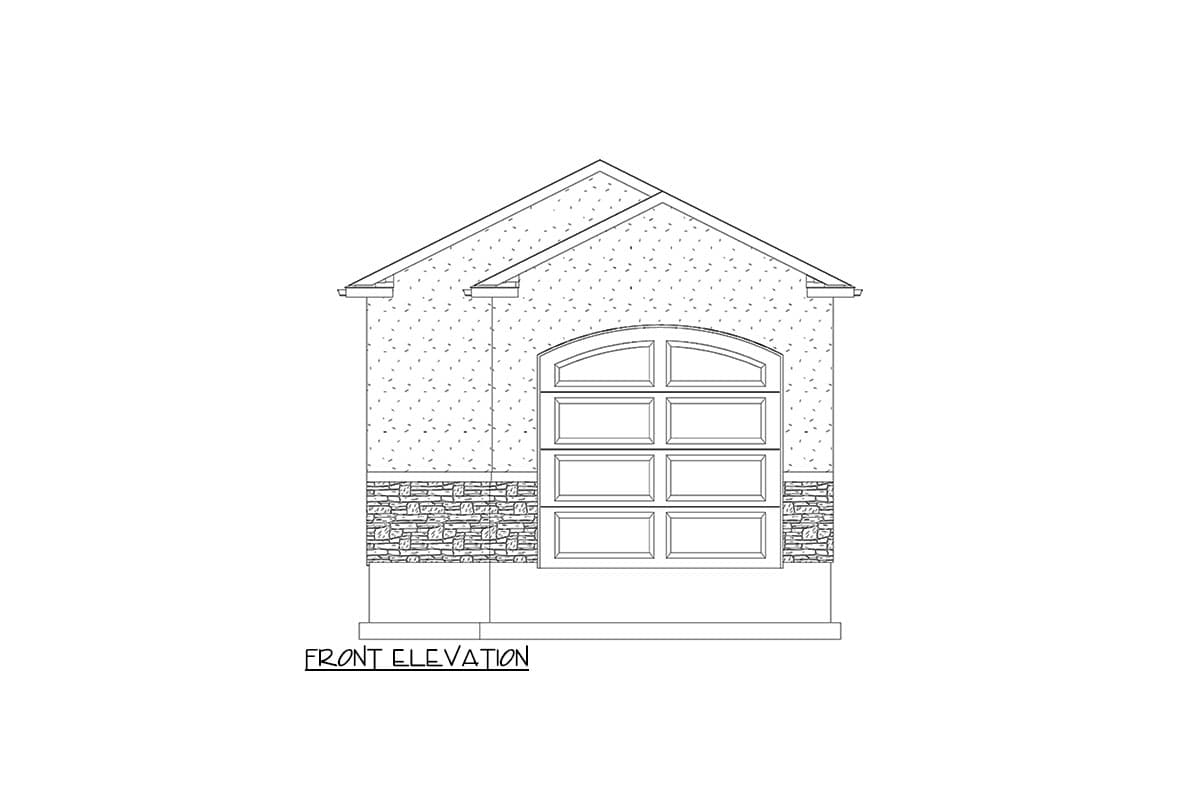 Front elevation drawing of a house featuring a stucco exterior, stone wainscoting, and an arched multi-pane garage door.