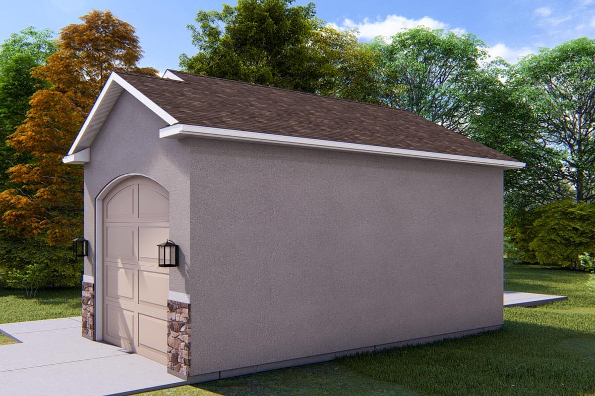 House plan exterior: Garage with arched paneled door, stone accents at base, gable roof, and two wall lanterns.