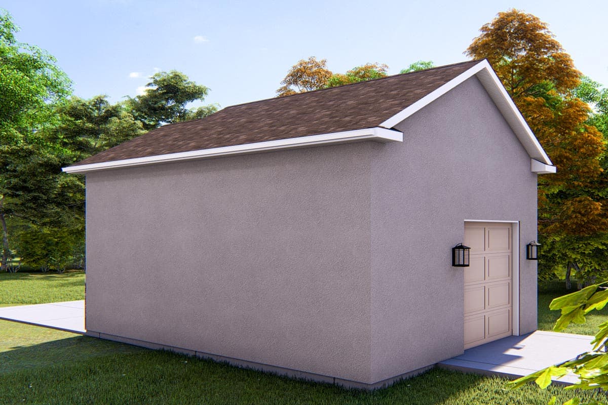 House plan exterior with stucco finish, gable roof, and single garage door with side-mounted lanterns.
