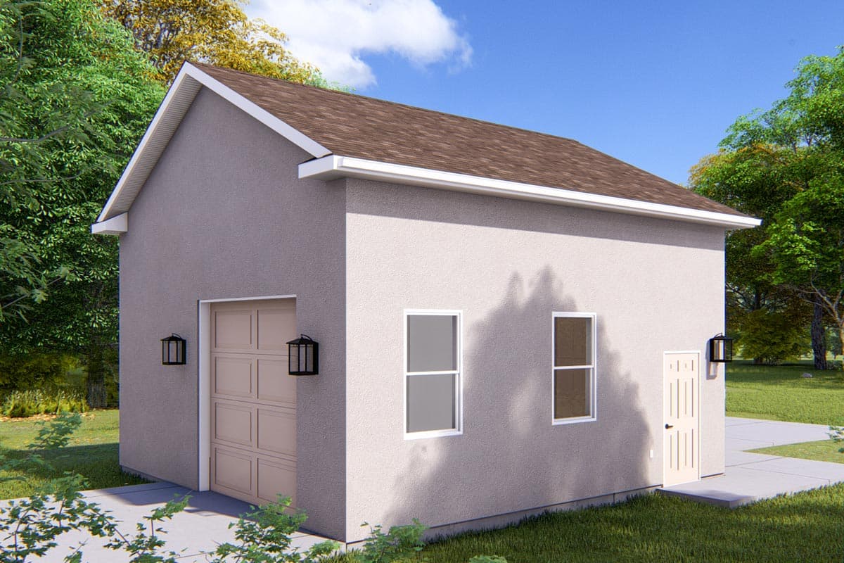 House plan exterior: one-story structure with a gable roof, garage door, side entry door, and two windows.