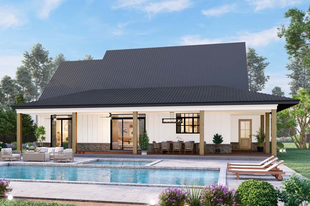 Modern Farmhouse house plan exterior with black metal roof, covered porch with wood beams, and multiple glass doors.