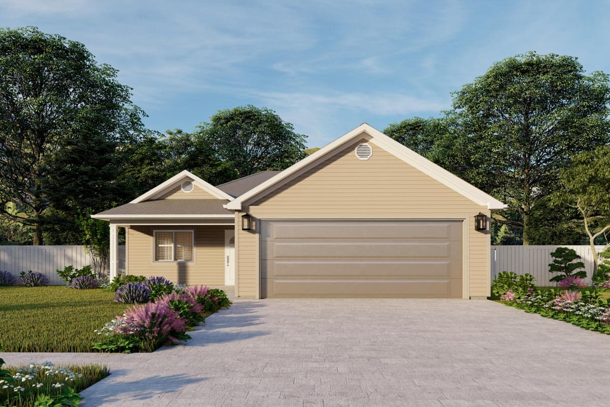 Ranch house plan exterior with a front-facing two-car garage, gable roof, and covered entry porch.