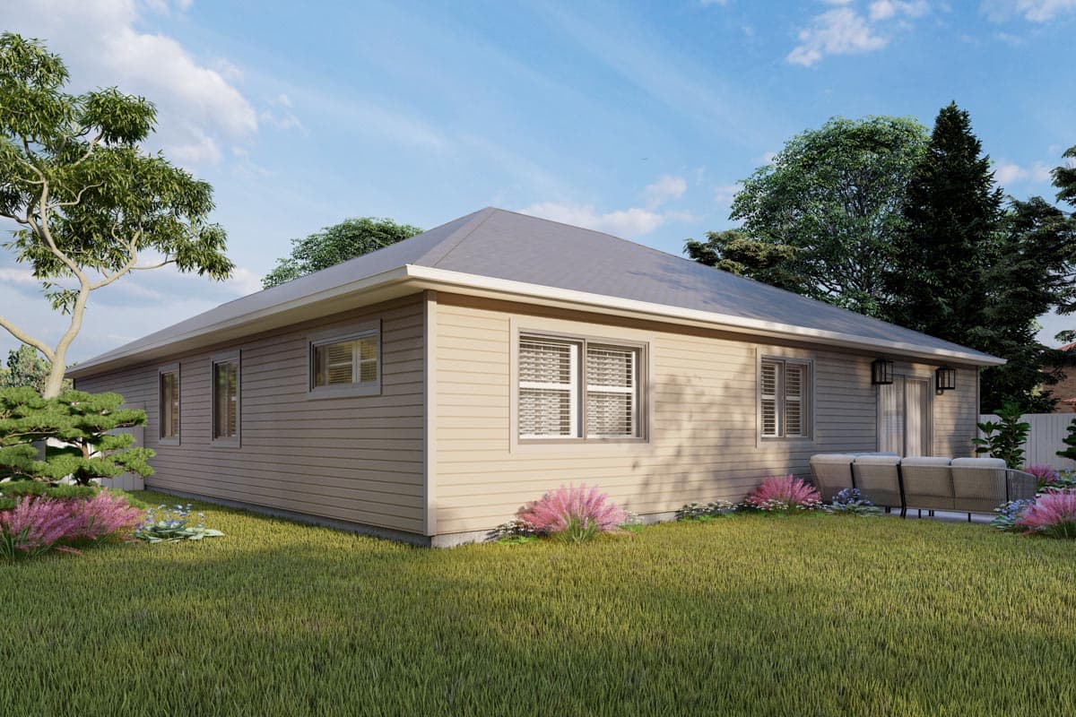 House plan exterior: one-story ranch with horizontal siding, gable roof, multiple windows, and sliding glass doors leading to a patio.