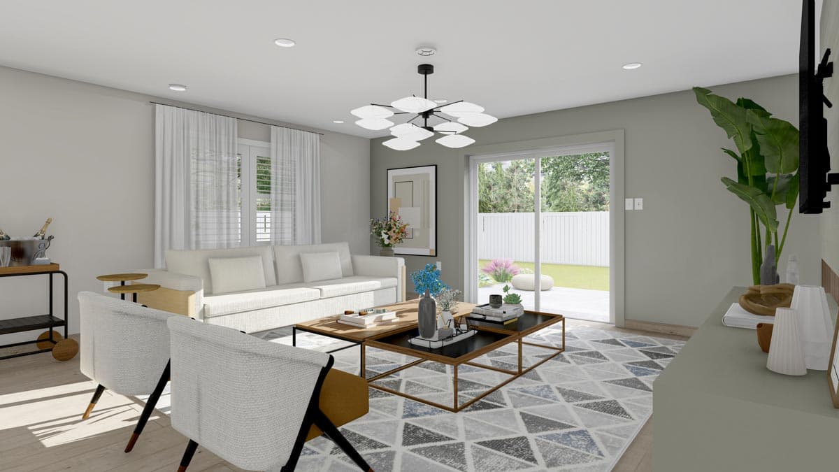 Living room rendering with white sofa, modern chandelier, large windows, and sliding glass door to backyard.
