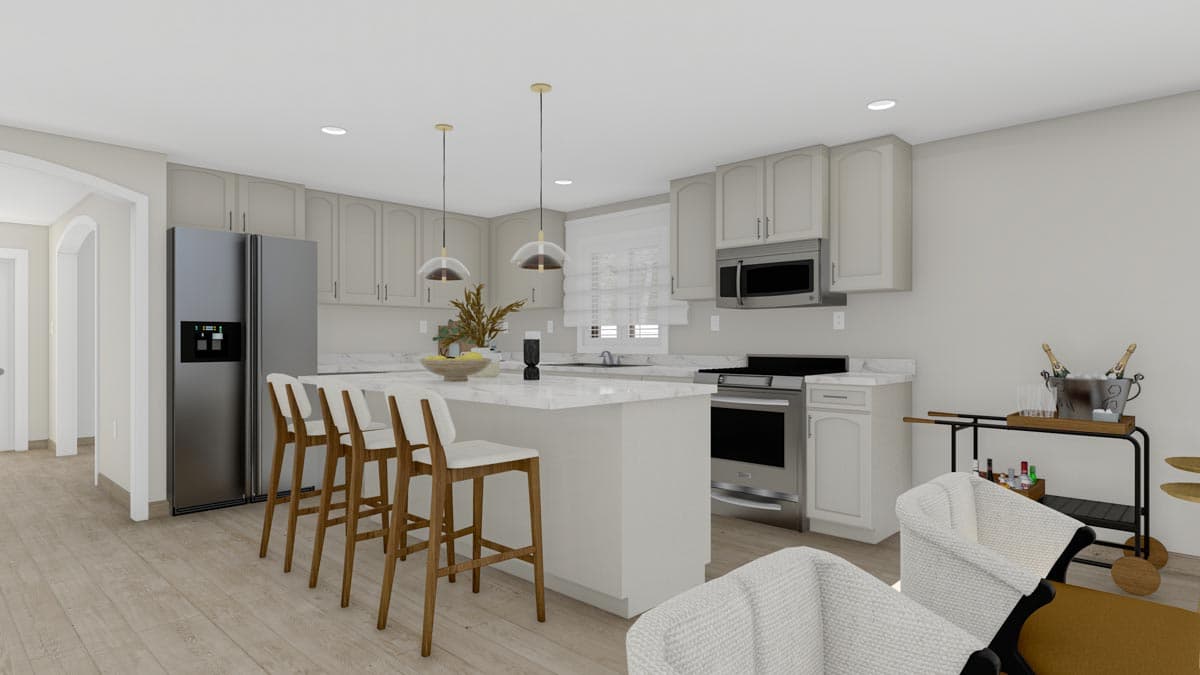 Kitchen rendering with island, bar stools, stainless steel appliances, and light gray cabinetry.