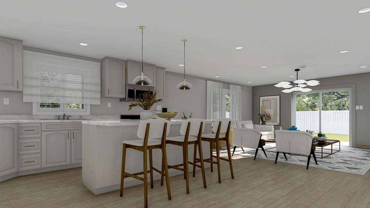 Open concept living area with kitchen island, seating, and living room furniture. Modern light fixture above seating.