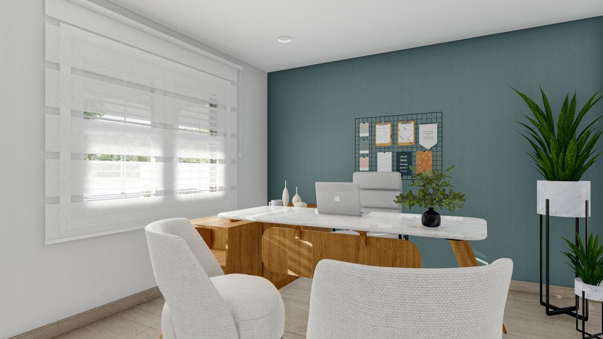Modern home office rendering with a large white desk, laptop, two chairs, and a teal accent wall.