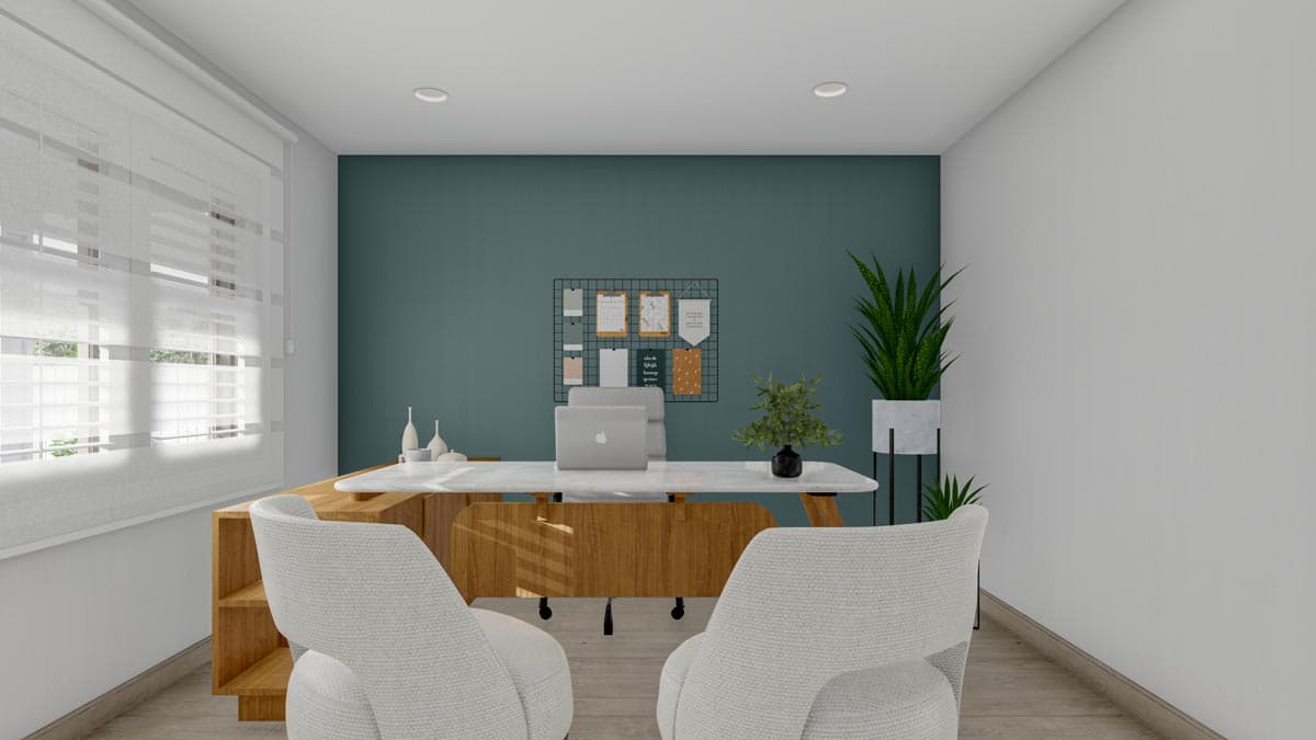 Office rendering with a large desk, laptop, two chairs, accent wall, and large window with blinds.