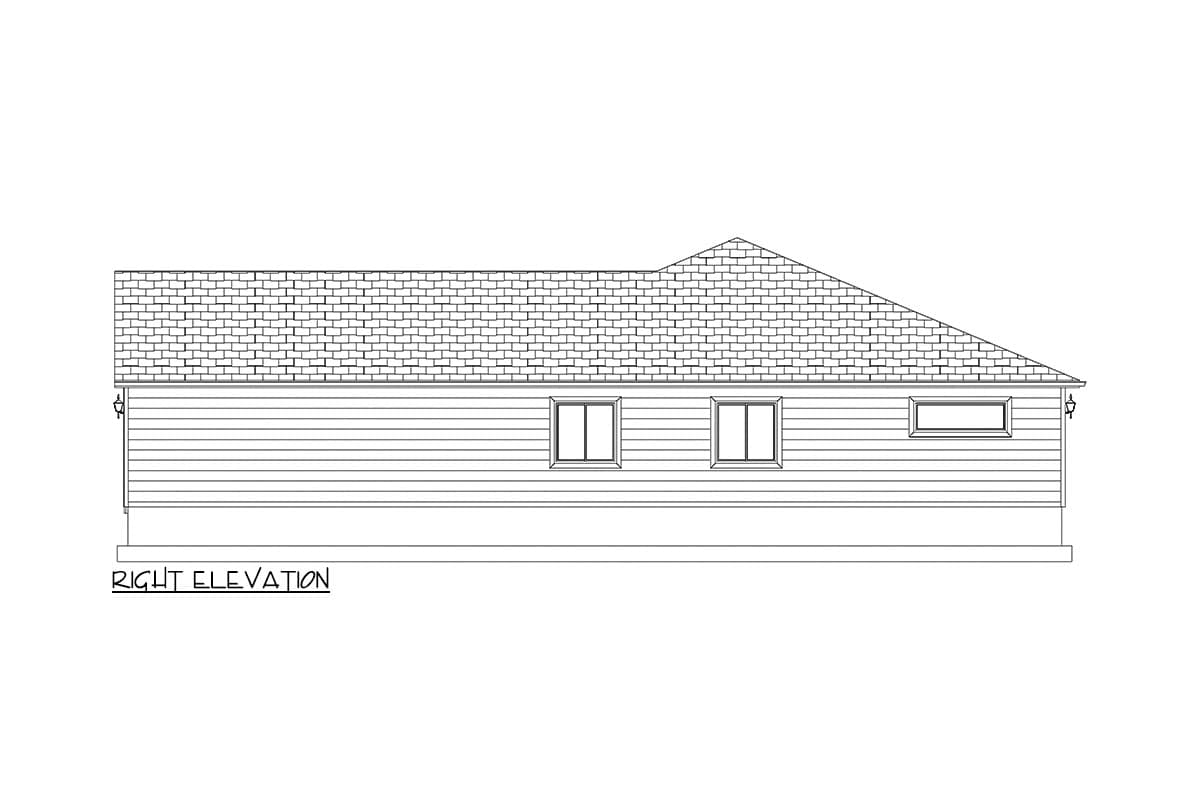 Right elevation drawing of a house plan featuring horizontal siding, a hip roof, and three windows.