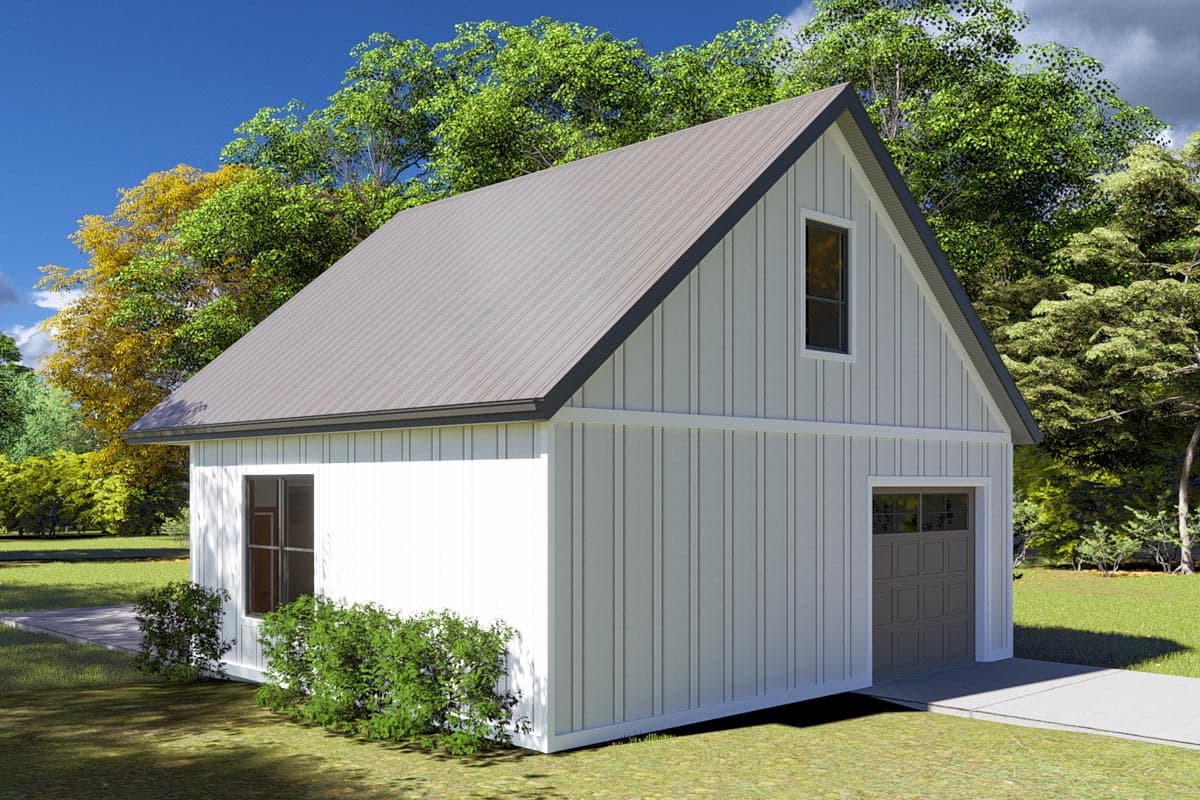 House plan exterior: Modern Farmhouse style, 2 stories, vertical siding, gabled roof, single garage door, and dormer window.