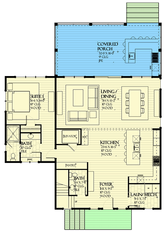 Plan 970124VC: 7 Bed 3-Story Coastal Vacation House Plan with Elevator and Rear Stacked Porches - Floor Plan - Main Level - Beach, Coastal, Coastal Contemporary, Southern