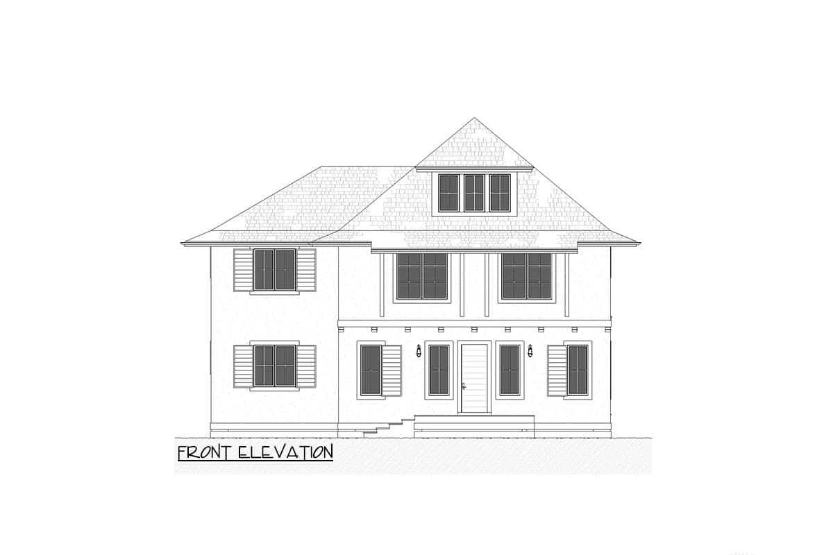 Front elevation drawing of a two-story house with a prominent gable, covered porch, and multiple windows.