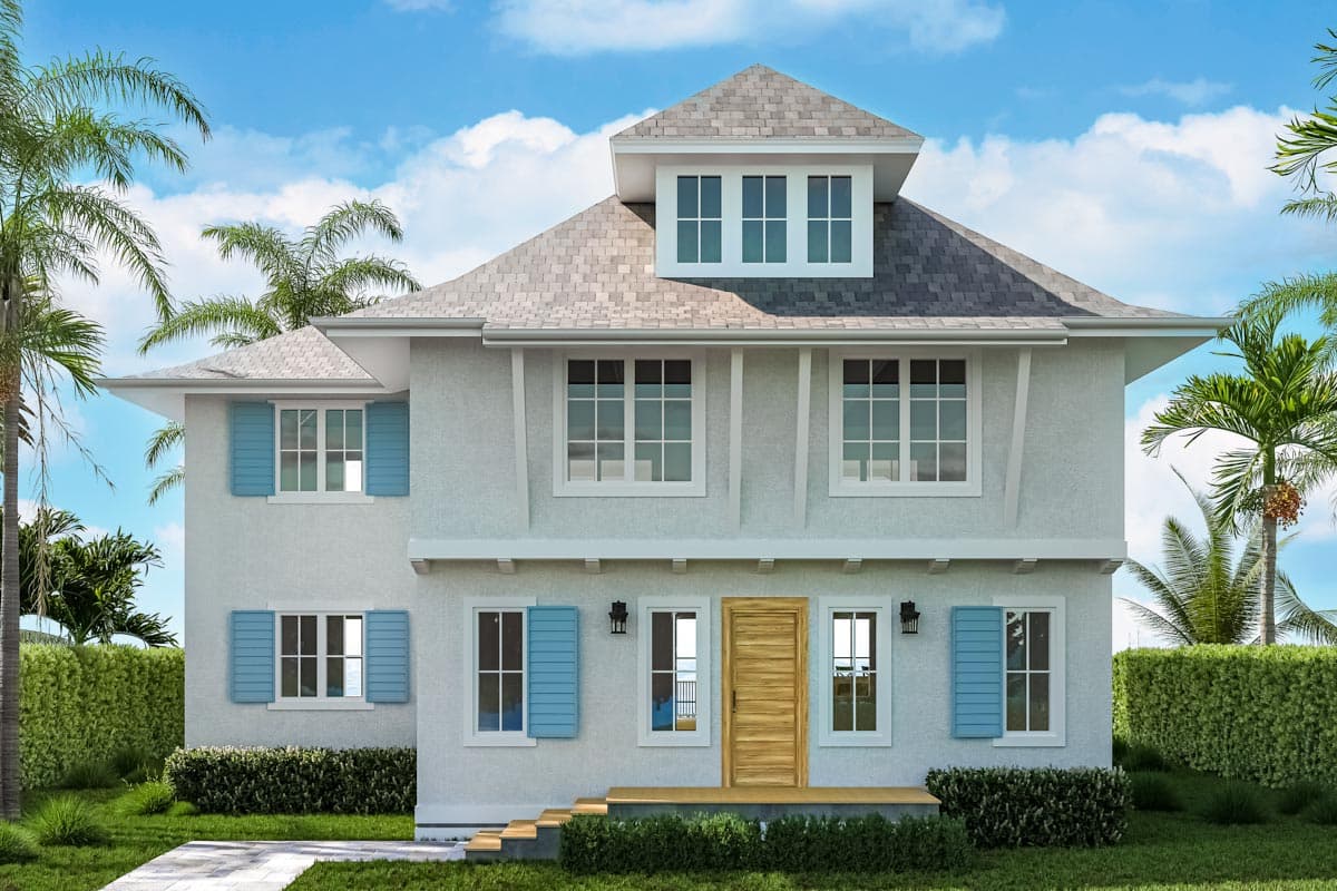 House plan exterior with two stories and a gable roof. Features include a dormer, blue shutters, and a wooden front door with a small porch.